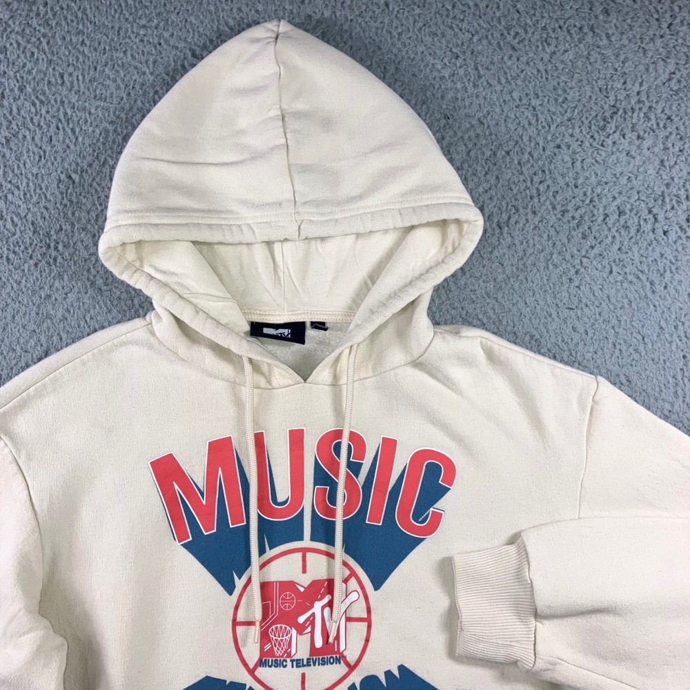 MTV Music Television Hoodie Sweatshirt Mens S Cream Retro Graphic Basketball